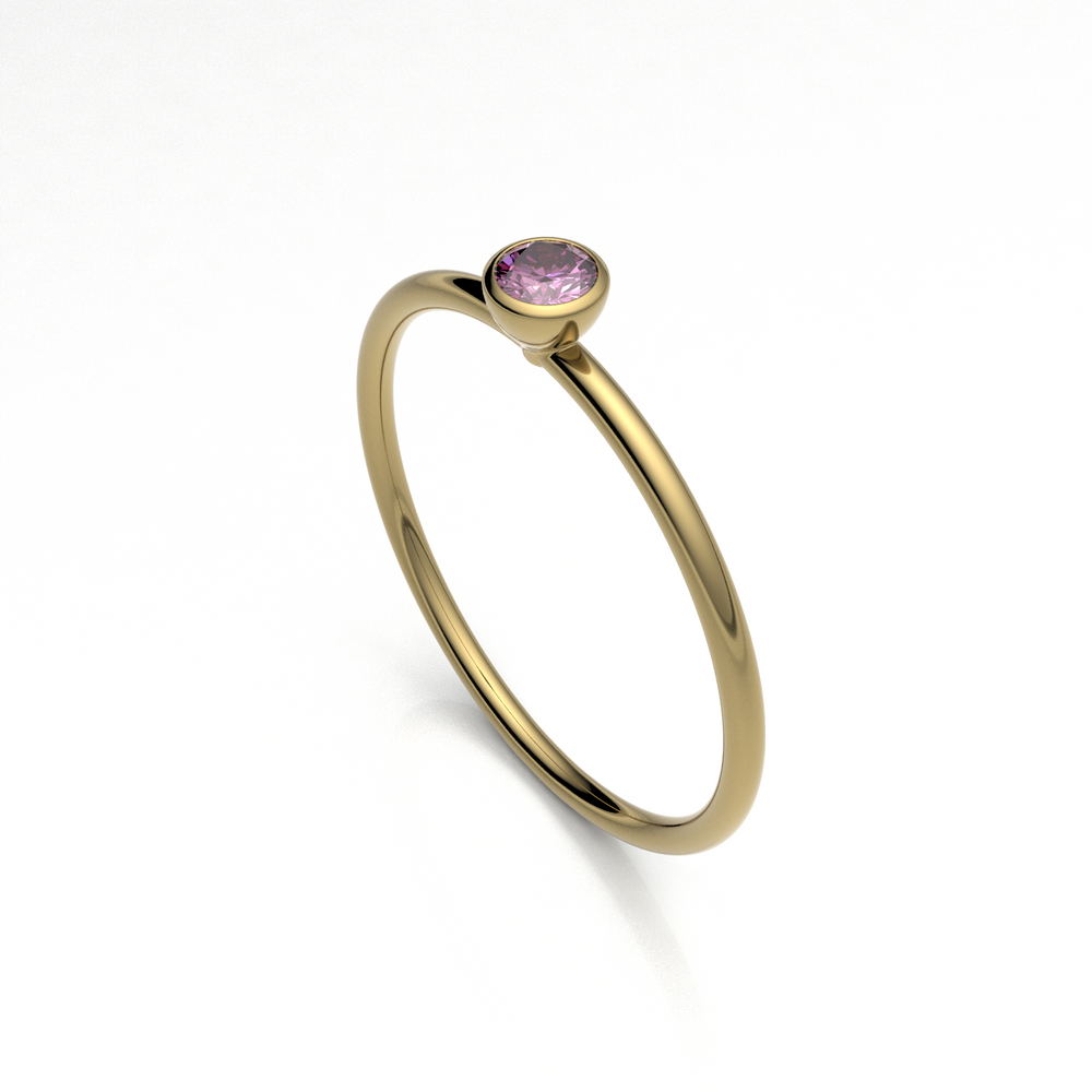 Stackable Ring with Bezel Set 3mm Round Pink Tourmaline in 14K Solid Gold Band